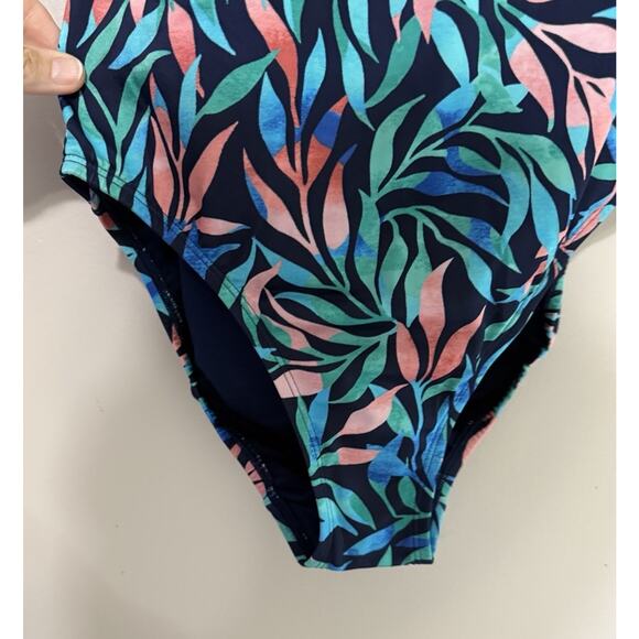 Lands End Womens Swimsuit One Piece V Neck Halter Size 14 Blue Leaf - Picture 5 of 6